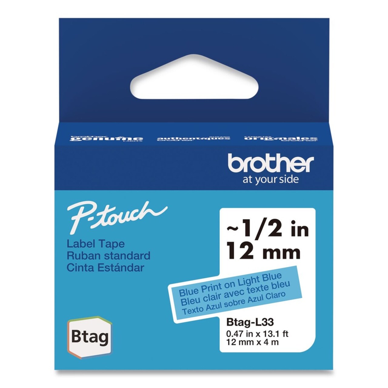 Brother P-Touch 0.47 in. x 13.1 ft. Genuine P-Touch BTAG Label Tapes - Blue on Light Blue